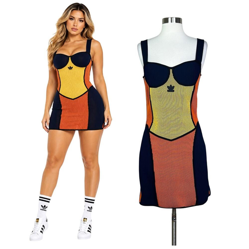 Adidas x Paolina Russo | Colorblock Ribbed Knit Corset Yellow Blue Mini Dress L